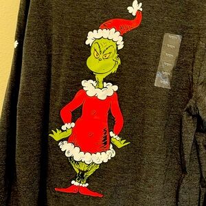 🎄GRINCH🎄LONG SLEEVE DK GRAY TOP W/LEFT SLEEVE, FRONT CHEST & BACK DESIGNS NWT
